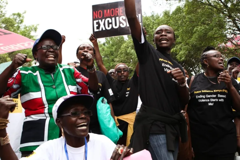 Women shout slogans during a demonstration demanding swift action to stop sexual violence, in Nairobi, Kenya [File]<br />   