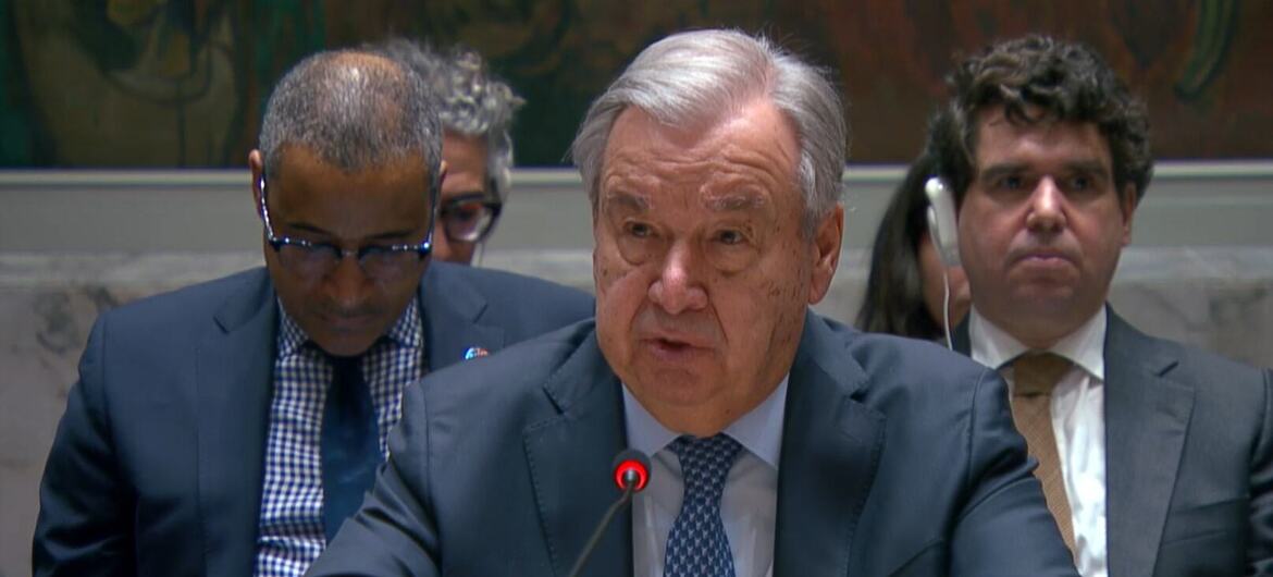 UN News UN Secretary-General António Guterres adresses the Security Council meeting on Iran.