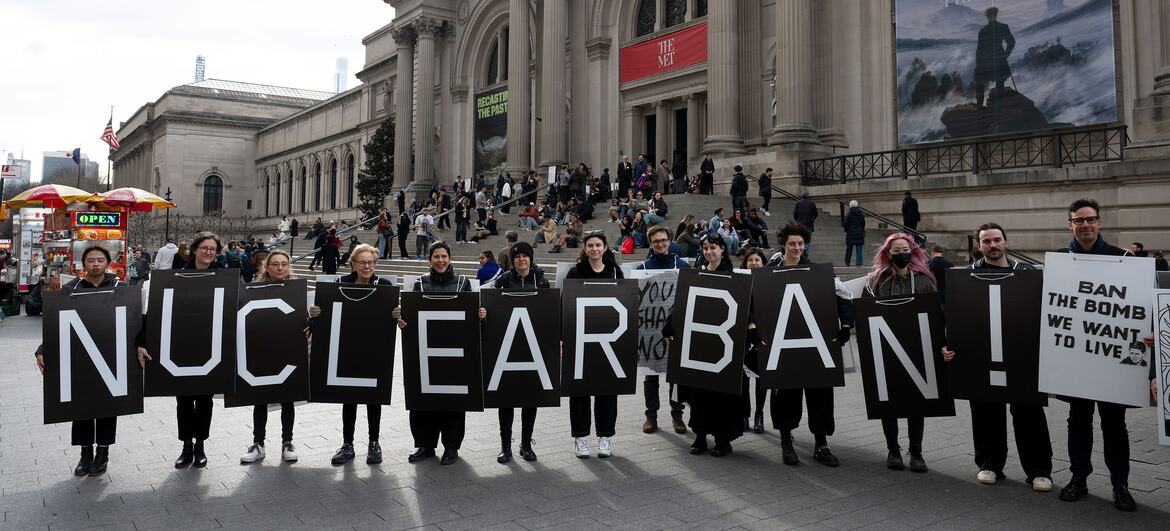 © ICAN People protest against nuclear bombs in New York City in March 2025.