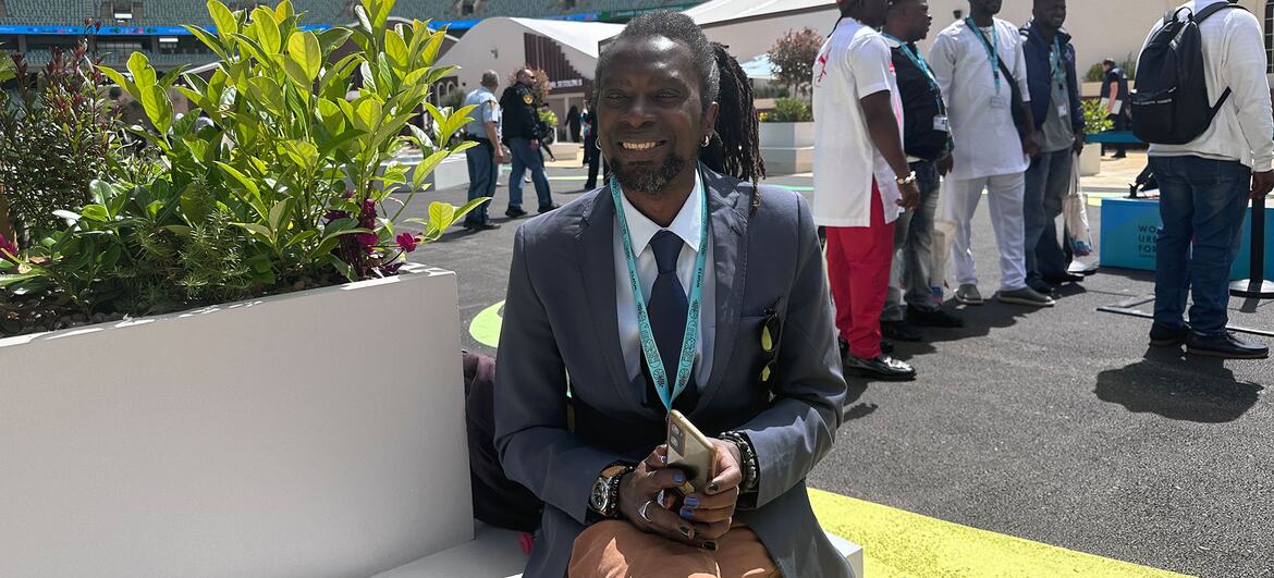 UN News/ Pictured here at the World Urban Forum in Baku, Azerbaijan, Latyr Thioye survived years of homelessness and is now rebuilding his life.