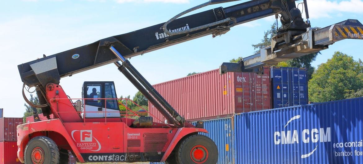 UNCTAD/Abrham Grizaw Road freight is processed at a port in Addis Ababa, Ethiopia.