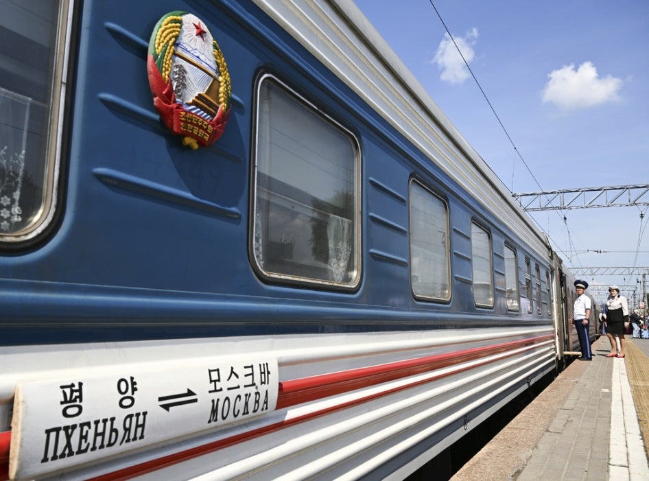 A passenger train from Pyongyang upon arrival at Yaroslavsky Railway Station in Moscow, following the resumption in June 2025 of passenger rail service between the capitals of North Korea and Russia.  © 2025 Pelagiya Tikhonova / Sputnik via AP